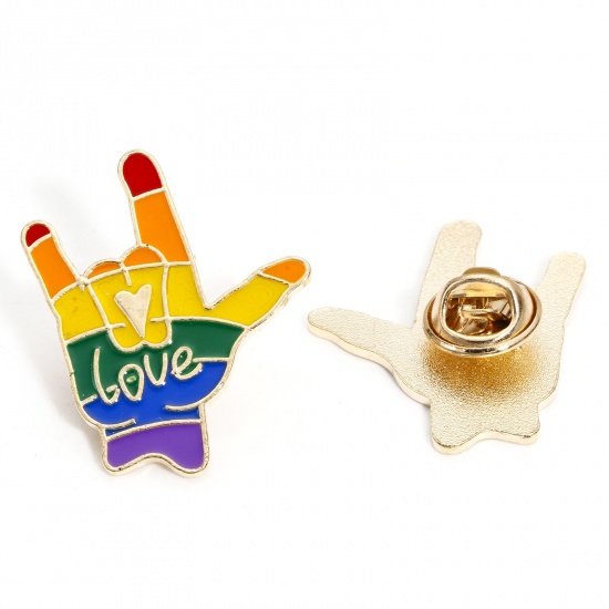 Picture of 5 PCs Zinc Based Alloy Rainbow Pin Brooches I LOVE YOU Hand Sign Gesture Gold Plated Multicolor Enamel 3.2cm x 2.8cm