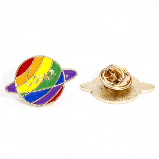 Picture of 5 PCs Zinc Based Alloy Rainbow Pin Brooches Planet Message " LOVE " Gold Plated Multicolor Enamel 25mm x 17mm
