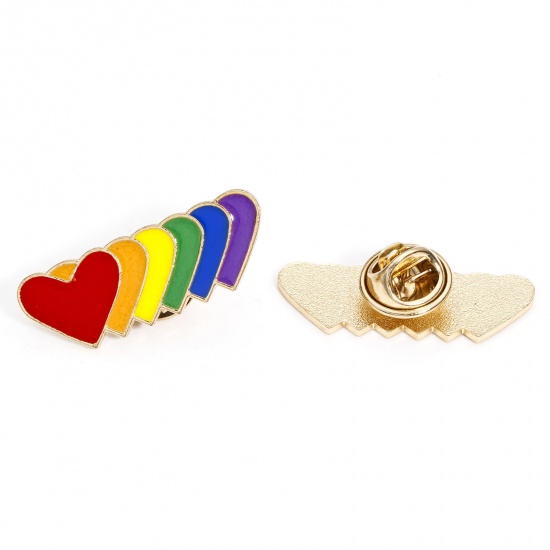 Picture of 5 PCs Zinc Based Alloy Rainbow Pin Brooches Heart Gold Plated Multicolor Enamel 3.2cm x 1.2cm
