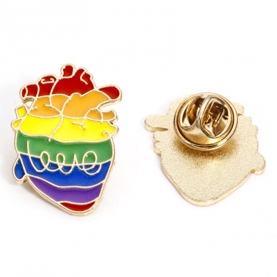 Picture of 5 PCs Zinc Based Alloy Rainbow Pin Brooches Anatomical Human Heart Message " LOVE " Gold Plated Multicolor Enamel 28mm x 20mm