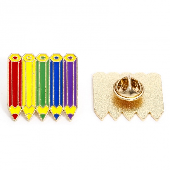 Picture of 5 PCs Zinc Based Alloy Rainbow Pin Brooches Pencil Gold Plated Multicolor Enamel 25mm x 24mm