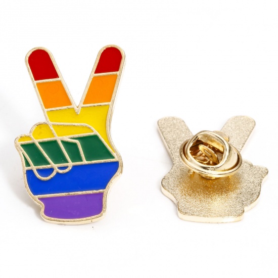 Picture of 5 PCs Zinc Based Alloy Rainbow Pin Brooches V Victory Hand Sign Gesture Gold Plated Multicolor Enamel 3.3cm x 1.9cm