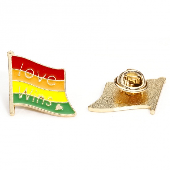 Picture of 5 PCs Zinc Based Alloy Rainbow Pin Brooches Flag Message " Love Wins " Gold Plated Multicolor Enamel 23mm x 22mm