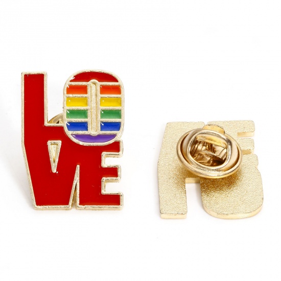 Picture of 5 PCs Zinc Based Alloy Rainbow Pin Brooches Message " LOVE " Gold Plated Multicolor Enamel 24mm x 18mm
