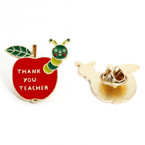 Picture of 5 PCs Zinc Based Alloy College Jewelry Pin Brooches Apple Fruit Insect Message " Thank you teacher " Gold Plated Red Enamel 26mm x 26mm