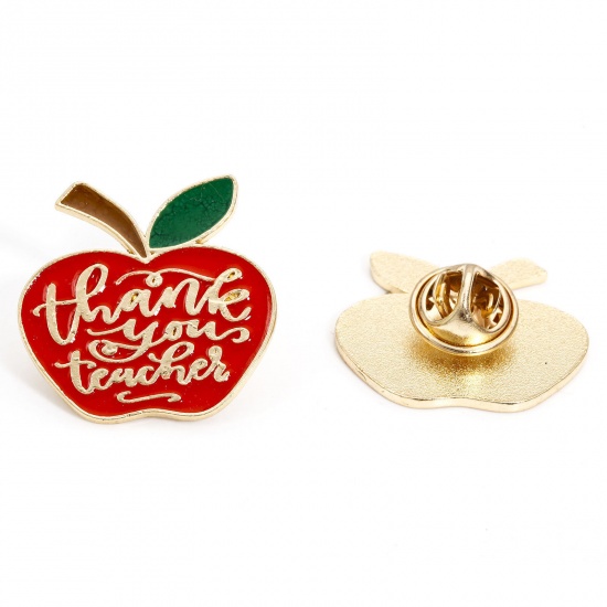 Picture of 5 PCs Zinc Based Alloy College Jewelry Pin Brooches Apple Fruit Message " Thank you teacher " Gold Plated Red Enamel 26.5mm x 26mm