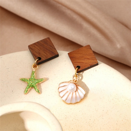 Picture of 1 Pair Wood Ocean Jewelry Asymmetric Earrings Green Shell Star Fish Imitation Pearl 3.2cm x 1.6cm