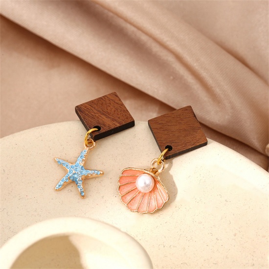 Picture of 1 Pair Wood Ocean Jewelry Asymmetric Earrings Blue Shell Star Fish Imitation Pearl 3.2cm x 1.6cm