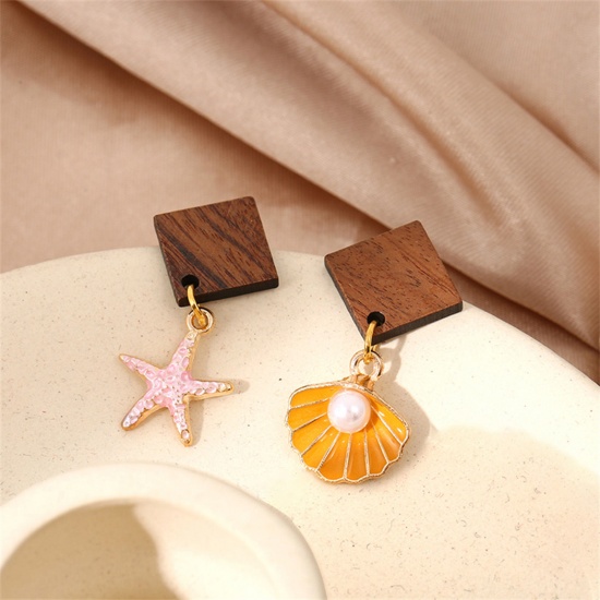 Picture of 1 Pair Wood Ocean Jewelry Asymmetric Earrings Pink Shell Star Fish Imitation Pearl 3.2cm x 1.6cm