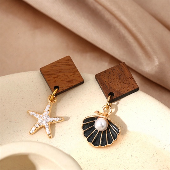Picture of 1 Pair Wood Ocean Jewelry Asymmetric Earrings White Shell Star Fish Imitation Pearl 3.2cm x 1.6cm