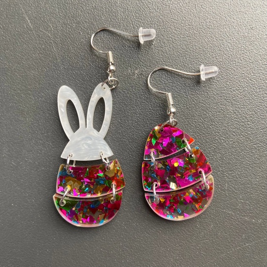 Изображение 1 Pair Acrylic Easter Day Asymmetric Earrings Fuchsia Rabbit Animal Easter Egg Glitter 4.8cm x 2.3cm