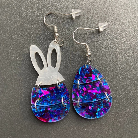 Изображение 1 Pair Acrylic Easter Day Asymmetric Earrings Blue Rabbit Animal Easter Egg Glitter 4.8cm x 2.3cm