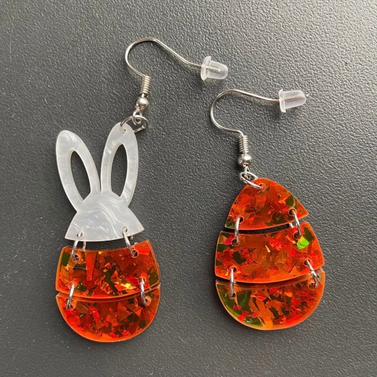Изображение 1 Pair Acrylic Easter Day Asymmetric Earrings Orange-red Rabbit Animal Easter Egg Glitter 4.8cm x 2.3cm