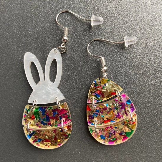 Изображение 1 Pair Acrylic Easter Day Asymmetric Earrings Golden Rabbit Animal Easter Egg Glitter 4.8cm x 2.3cm
