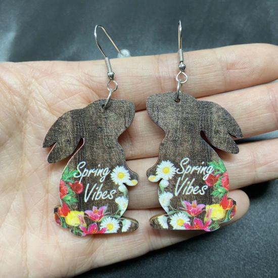 Picture of 1 Pair Wood Easter Day Earrings Multicolor Rabbit Animal Flower Message " SPRING Vibes " 6cm