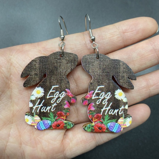 Picture of 1 Pair Wood Easter Day Earrings Multicolor Rabbit Animal Easter Egg Message " Egg Hunt "6cm
