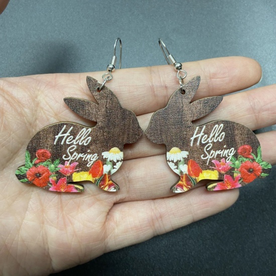 Picture of 1 Pair Wood Easter Day Earrings Multicolor Rabbit Animal Flower Message " Hello Spring " 4cm