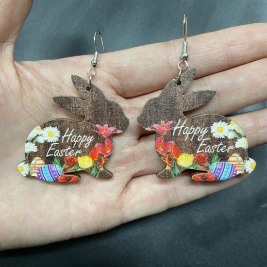 Picture of 1 Pair Wood Easter Day Earrings Multicolor Rabbit Animal Flower Message " Happy Easter " 4cm