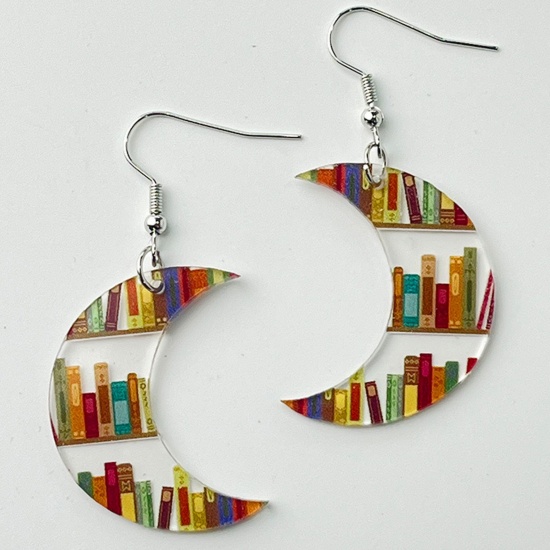 Image de 1 Pair Acrylic College Jewelry Earrings Silver Tone Book Moon 6cm