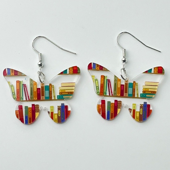 Image de 1 Pair Acrylic College Jewelry Earrings Silver Tone Book Butterfly 5cm