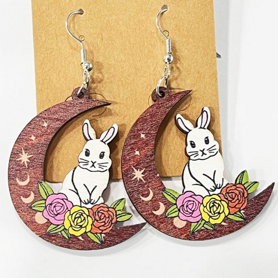 Picture of 1 Pair Wood Easter Day Earrings Silver Tone Half Moon Rabbit 6.5cm