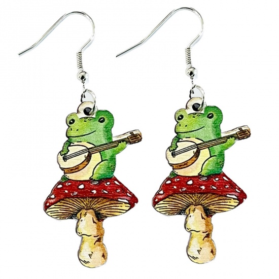 Picture of 1 Pair Wood Easter Day Earrings Silver Tone Frog Animal Mushroom 6.5cm