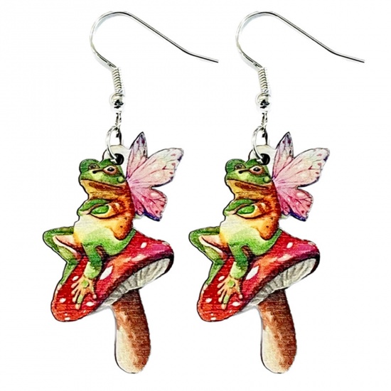 Picture of 1 Pair Wood Easter Day Earrings Silver Tone Frog Animal Wing 6.5cm