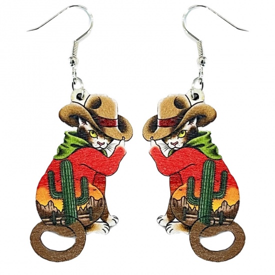 Picture of 1 Pair Wood Easter Day Earrings Silver Tone Cat Animal Cactus 6.5cm