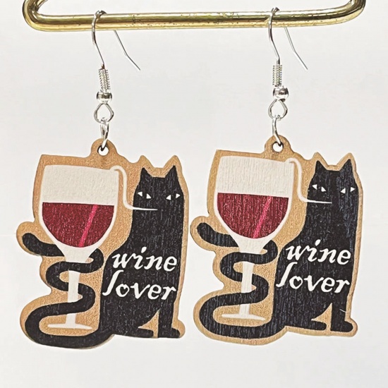 Picture of 1 Pair Wood Retro Earrings Silver Tone Wine Glass Cat 7cm