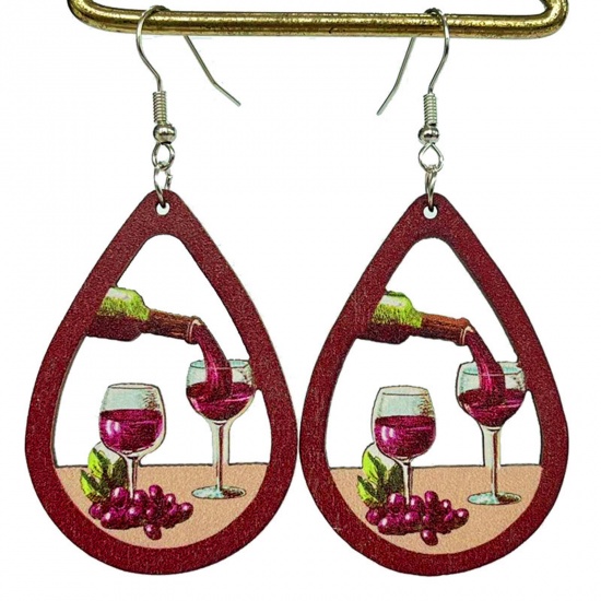 Bild von 1 Paar Holz Retro Ohrring Silberfarbe Weinglas Tropfen Hohl 7cm