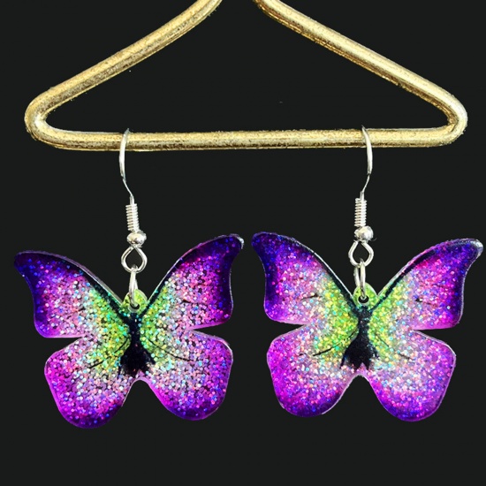 Изображение 1 Pair Acrylic Pastoral Style Earrings Silver Tone Purple Butterfly Animal Glitter 6cm x