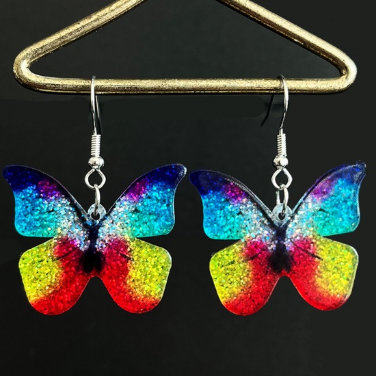 Изображение 1 Pair Acrylic Pastoral Style Earrings Silver Tone Multicolor Butterfly Animal Glitter 6cm x