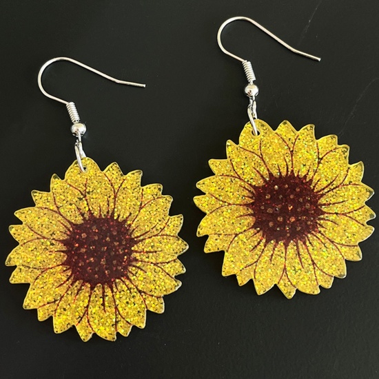 Изображение 1 Pair Acrylic Pastoral Style Earrings Silver Tone Yellow Sunflower Glitter 6cm x