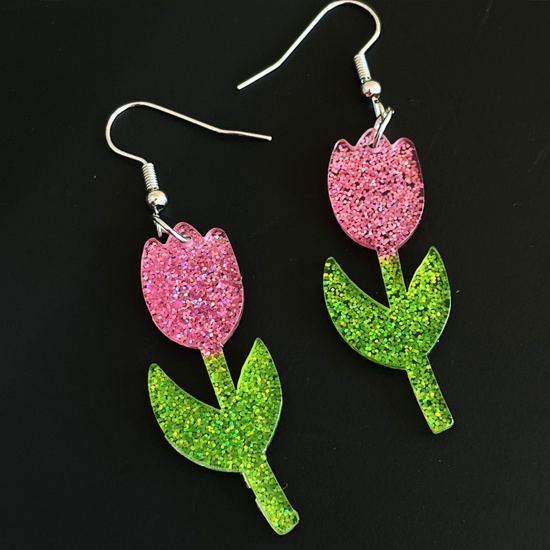 Изображение 1 Pair Acrylic Pastoral Style Earrings Silver Tone Pink & Green Tulip Flower Glitter 7cm x