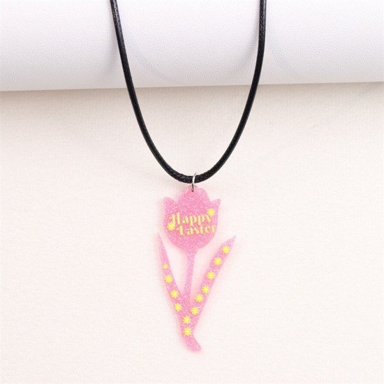 Picture of 1 Piece PU & Acrylic Easter Day Pendant Necklace Pink Flower Message " Happy Easter " 40cm(15 6/8") long