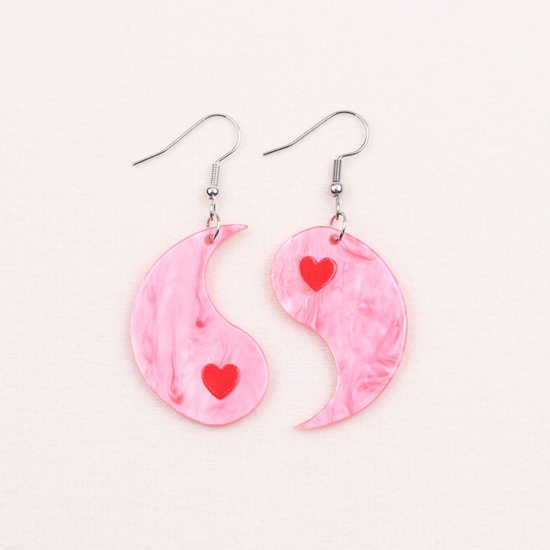 Picture of 1 Pair Acrylic Valentine's Day Asymmetric Earrings Silver Tone Pink Yin Yang Eight Diagrams Heart 5.3cm x 2.6cm