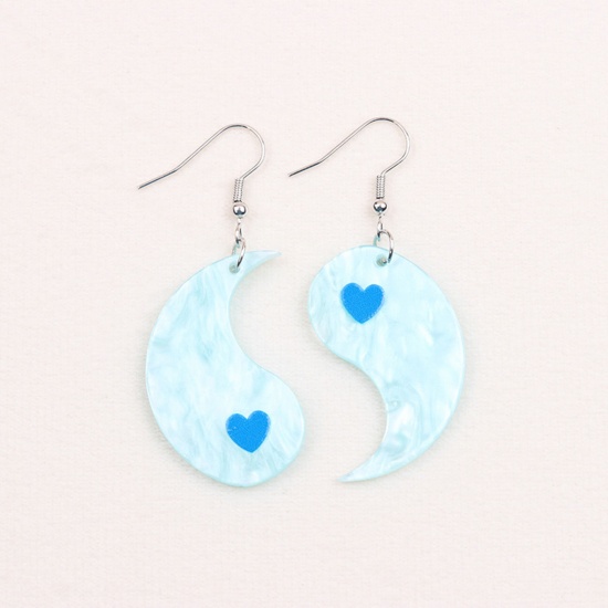 Picture of 1 Pair Acrylic Valentine's Day Asymmetric Earrings Silver Tone Skyblue Yin Yang Eight Diagrams Heart 5.3cm x 2.6cm