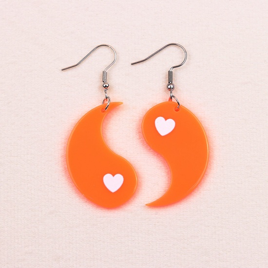 Picture of 1 Pair Acrylic Valentine's Day Asymmetric Earrings Silver Tone Orange Yin Yang Eight Diagrams Heart 5.3cm x 2.6cm