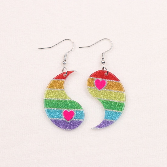 Picture of 1 Pair Acrylic Valentine's Day Asymmetric Earrings Silver Tone Multicolor Yin Yang Eight Diagrams Heart 5.3cm x 2.6cm