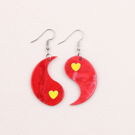 Picture of 1 Pair Acrylic Valentine's Day Asymmetric Earrings Silver Tone Red Yin Yang Eight Diagrams Heart 5.3cm x 2.6cm