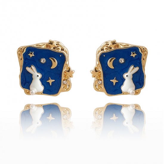 Picture of 1 Pair Easter Day Ear Post Stud Earrings Gold Plated Blue Rabbit Animal Galaxy Universe Enamel 1.5cm x 1.5cm