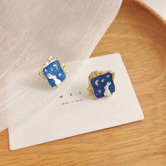 Image de 1 Pair Easter Day Ear Post Stud Earrings Gold Plated Blue Rabbit Animal Galaxy Universe Enamel 1.5cm x 1.5cm
