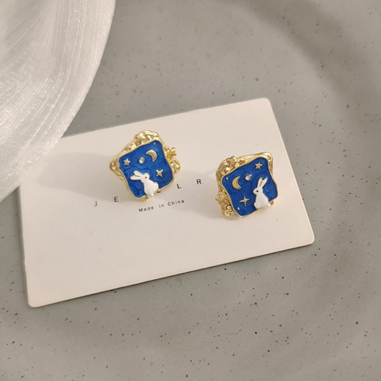 Picture of 1 Pair Easter Day Ear Post Stud Earrings Gold Plated Blue Rabbit Animal Galaxy Universe Enamel 1.5cm x 1.5cm