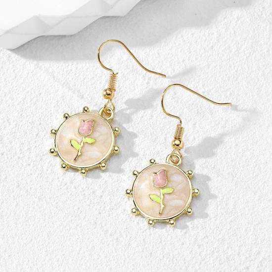 Picture of 1 Pair Retro Earrings Gold Plated Apricot Beige Round Rose Flower Enamel 3.8cm x 1.8cm