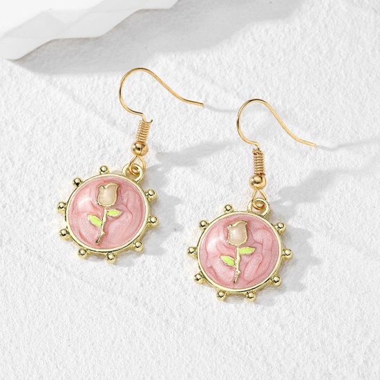 Picture of 1 Pair Retro Earrings Gold Plated Pink Round Rose Flower Enamel 3.8cm x 1.8cm