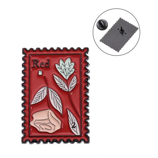 Immagine di 1 Pz Stile Pastorale Spilla Rettangolo Fiore Rosso Smalto 3cm x 2.1cm