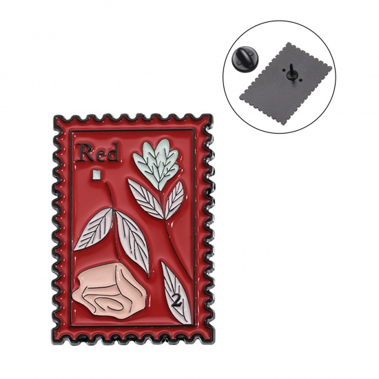 Picture of 1 Piece Pastoral Style Pin Brooches Rectangle Flower Red Enamel 3cm x 2.1cm