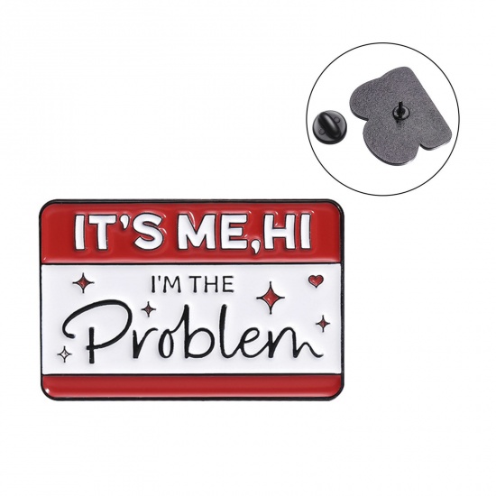 Picture of 1 Piece Simple Pin Brooches Rectangle Message " IT' ME ,HI & I'M THE PROBLEM " White & Red Enamel 3cm x 2cm