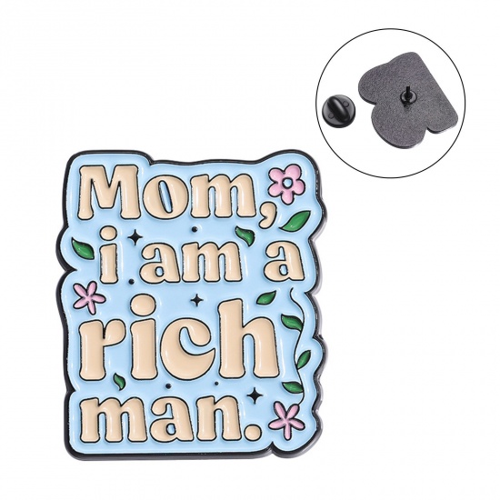 Picture of 1 Piece Simple Pin Brooches Irregular Message " MOM,I AM A RICH MAN " Multicolor Enamel 3cm x 2.6cm
