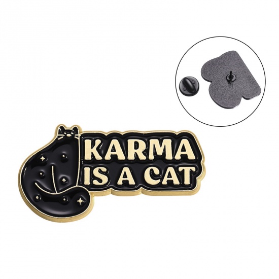 1 個 シンプル ブローチ 不規則 猫 文字 " Karma " 黒 エナメル 3cm x 1.6cm、 の画像